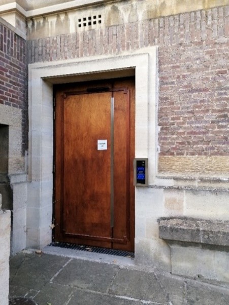 Ground-floor external entrance to Exhibition Centre with touch-screen intercom system
