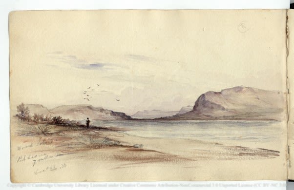 Sketch by Conrad Martens made on 26 December 1833 after joining the Beagle voyage in South America including a figure, possibly Charles Darwin.