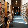 A person walks along the library corridor past two library users who are sitting at desks 